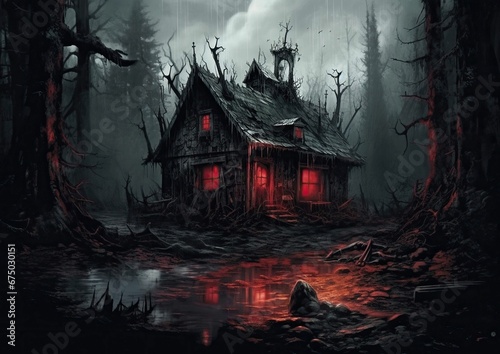 AI generated illustration of a spooky haunted house in a horror forest setting