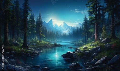 Stunning nighttime landscape painting featuring a tranquil mountain lake, AI-generated, © Wirestock