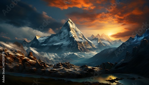 Majestic snow-capped mountain illuminated by the fading light of the setting sun, AI-generated. © Wirestock