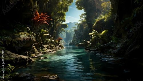 AI generated illustration of a secluded jungle stream  surrounded by lush green foliage