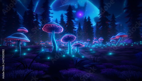 AI generated illustration of an illuminated nighttime scene of a cluster of glowing mushrooms