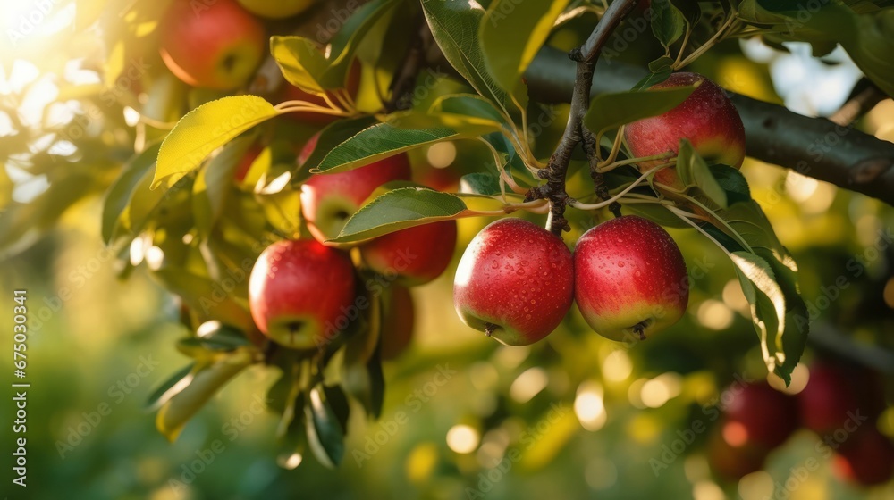 Ripe apples hanging from the branches of a tree, basking in the bright sunlight, AI-generated. Ripe apples hanging from the branches of a tree, basking in the bright sunlight, AI-generated.