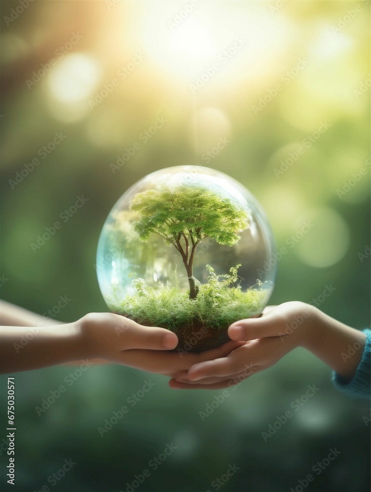 AI generated illustration of a person holding a glass ball with a tree inside illuminated by a light