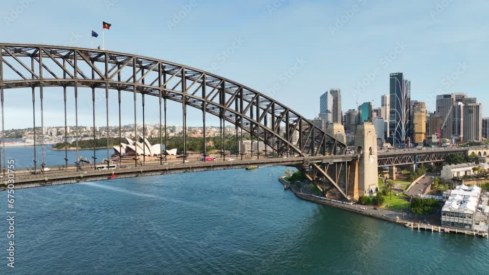 Cinematic Aerial Sweep Of Sydney Harbour Bridge To Reveal Sydney Opera House At Sunset, Australia Cinematic Aerial Sweep Of Sydney Harbour Bridge To Reveal Sydney Opera House At Sunset, Australia