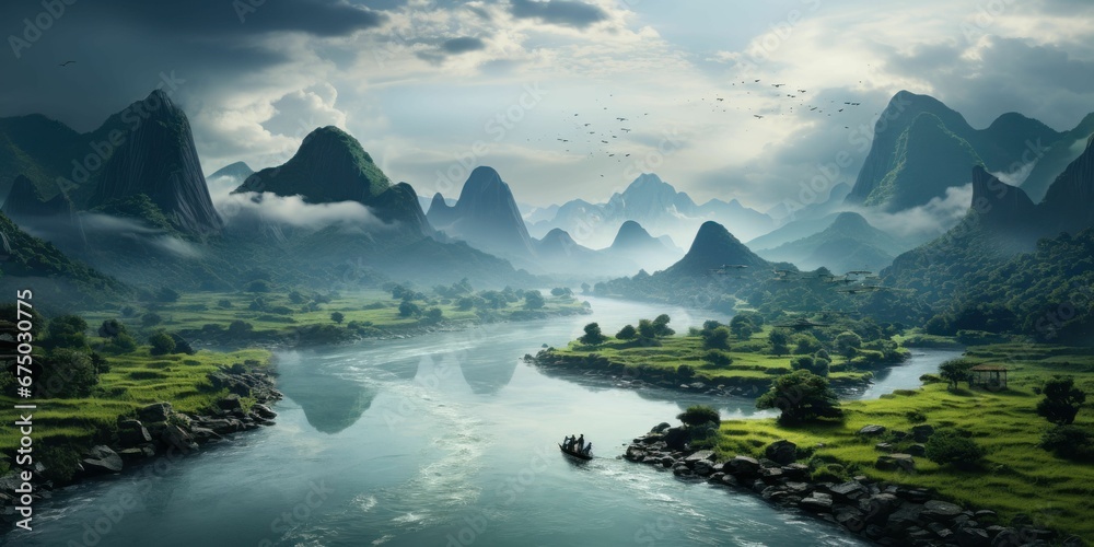 AI generated illustration of An awe-inspiring view of a river and mountains shrouded in a cloudy sky AI generated illustration of An awe-inspiring view of a river and mountains shrouded in a cloudy sky