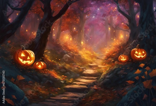 AI generated illustration of a path in a forest with small pumpkins  creating a magical atmosphere