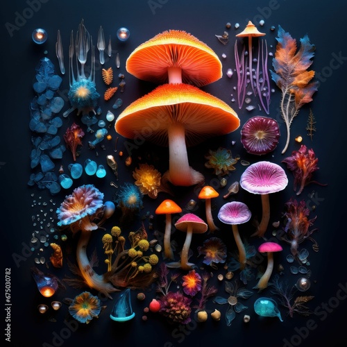 AI generated illustration of mushrooms and plants covered in glistening water droplets
