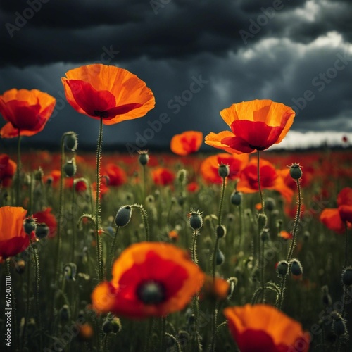the red poppies are on the field under a dark sky