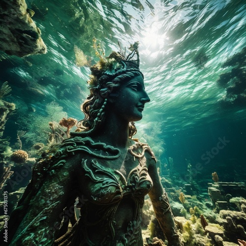 AI generated illustration of an underwater sculpture of a goddess illuminated by the sun's rays