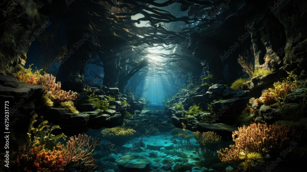 AI generated illustration of an underwater scene featuring sunlight streaming through trees AI generated illustration of an underwater scene featuring sunlight streaming through trees
