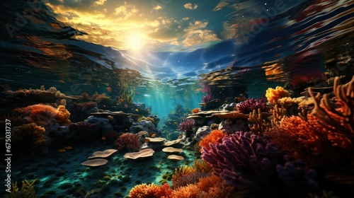 AI generated illustration of a stunning underwater scene with vibrant coral and ocean life © Wirestock