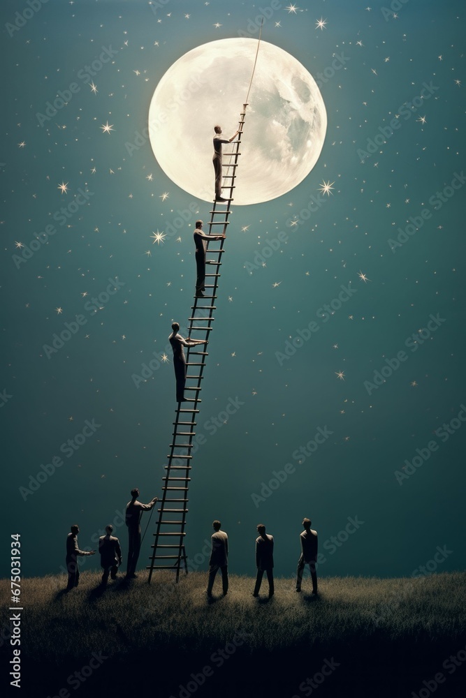 AI generated illustration of a group of adventurers ascending a tall ladder towards a full moon AI generated illustration of a group of adventurers ascending a tall ladder towards a full moon