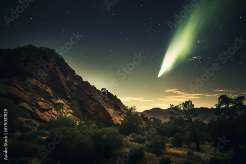 A beautiful green and white aurora light display in the night sky above a mountain range