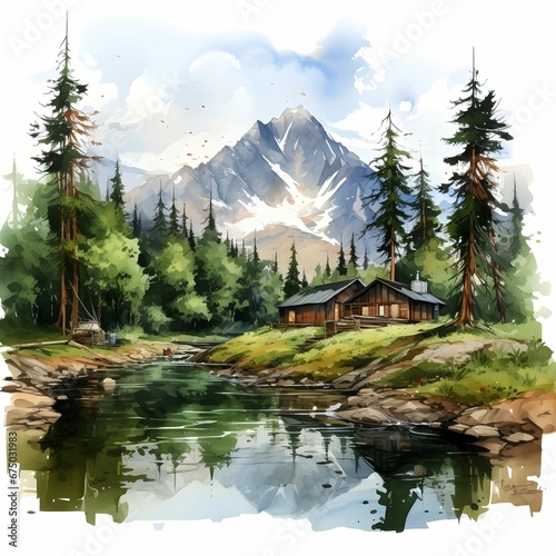 AI generated illustration of a watercolor of a lake surrounded by mountains and a cabin on the shore