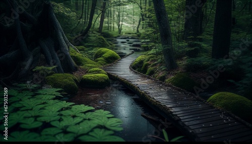 AI generated illustration of a wooden path in a green forest