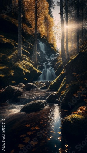 AI generated illustration of flowing river in forest