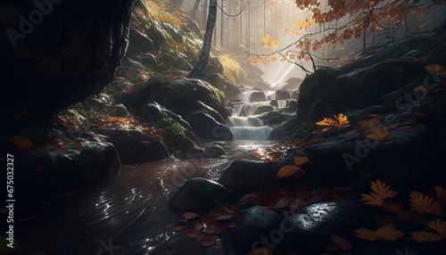 AI generated illustration of a river flowing through an autumn forest