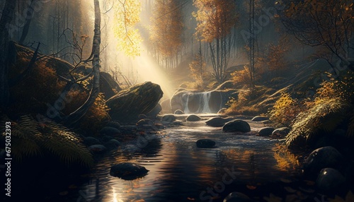 AI generated illustration of a river flowing through autumn forest