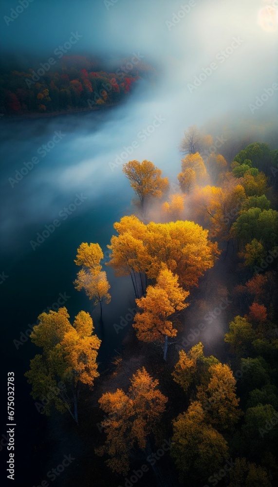 AI-generated illustration of a top view of colorful trees in a foggy autumn forest. AI-generated illustration of a top view of colorful trees in a foggy autumn forest.