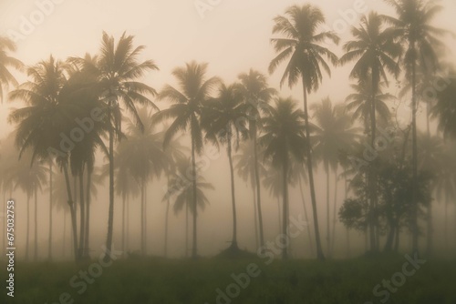 Scenic landscape featuring an array of palm trees shrouded in fog