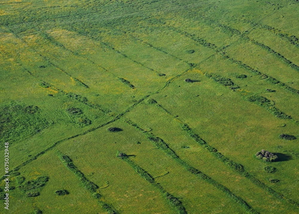 Aerial shot of lush green agricultural fields in Glamoc, Bosnia and Herzegovina