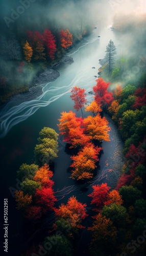AI generated illustration of flowing river surrounded by autumn trees