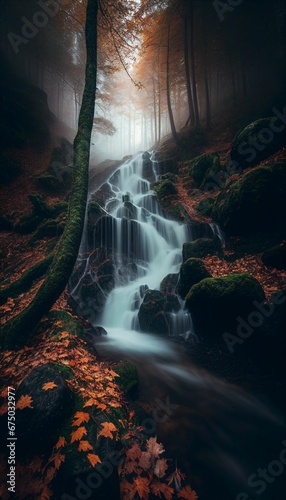 AI generated illustration of flowing river surrounded by autumn trees