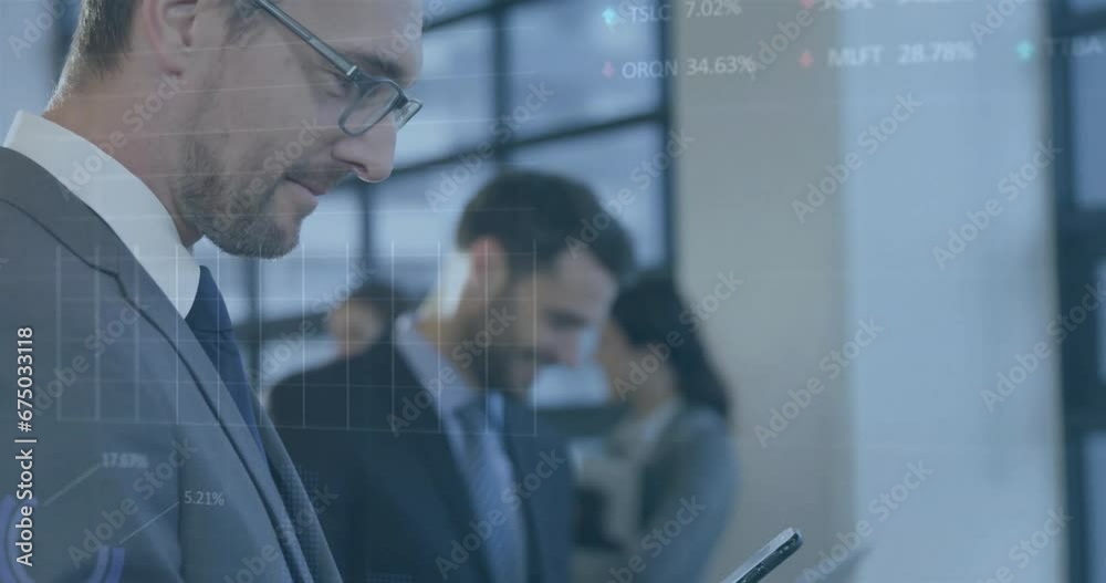 Animation of financial data processing over diverse business people in office Animation of financial data processing over diverse business people in office