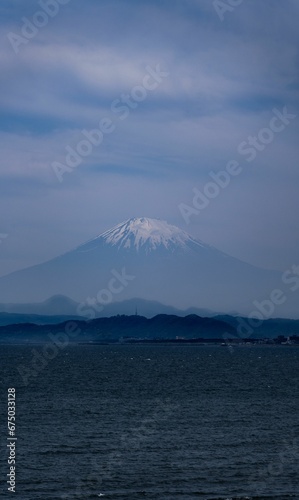 Scenic view of the sea against Fuji mountain in Japan