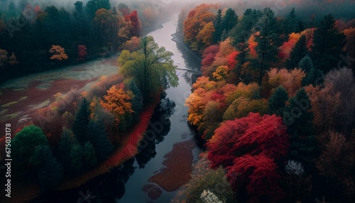 AI generated illustration of a river flowing through an autumn forest