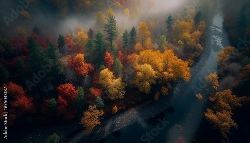 AI generated illustration of a river surrounded by autumn trees in a foggy forest