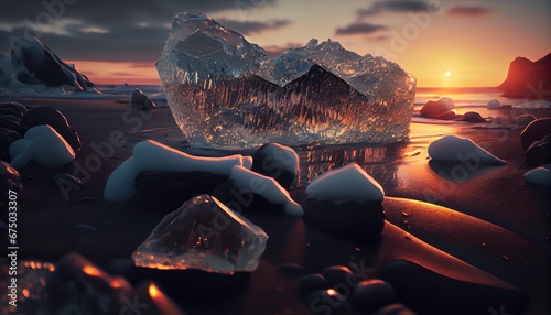 AI generated illustration of the chunks of ice at the beach photo