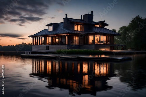 A riverfront house, its lights dancing on the water's surface at twilight.
