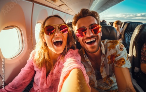 Young husband and wife wearing bright clothes are flying on a plane on vacation © piai