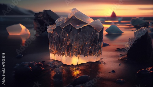 AI-generated illustration of ice and stones on the sand of the beach at the beautiful sunset