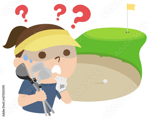 ゴルフのイラスト。サンドバンカーの前でどのゴルフクラブを使うか悩んでる女性。