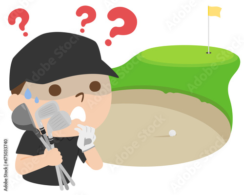 ゴルフのイラスト。サンドバンカーの前でどのゴルフクラブを使うか悩んでる男性。