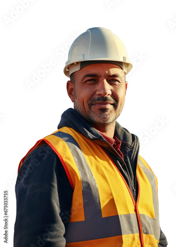 A Portrait of a builder standing on a scrapped background and smiling at the camera, png.