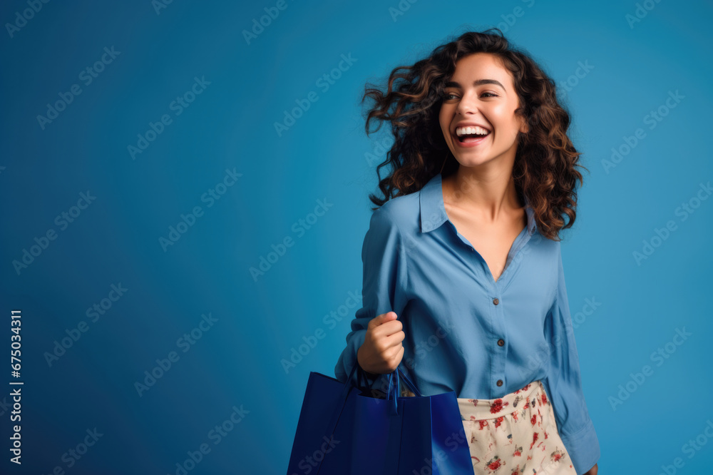 Beautiful happy young latin woman posing isolated over blue wall background holding shopping bags. Beautiful happy young latin woman posing isolated over blue wall background holding shopping bags.