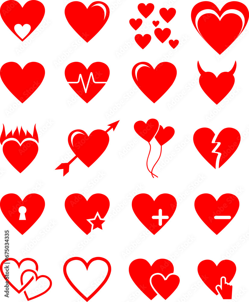 icons set love for romantic people, hearts, valentine, marry christmas, color red , vector flat design eps 10