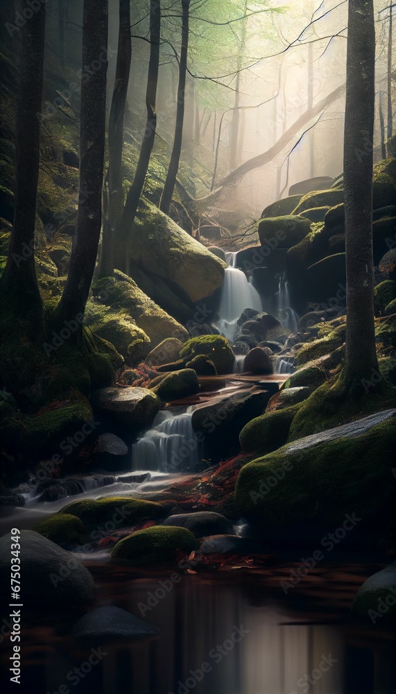 AI generated illustration of A tranquil stream meandering through a verdant forest
