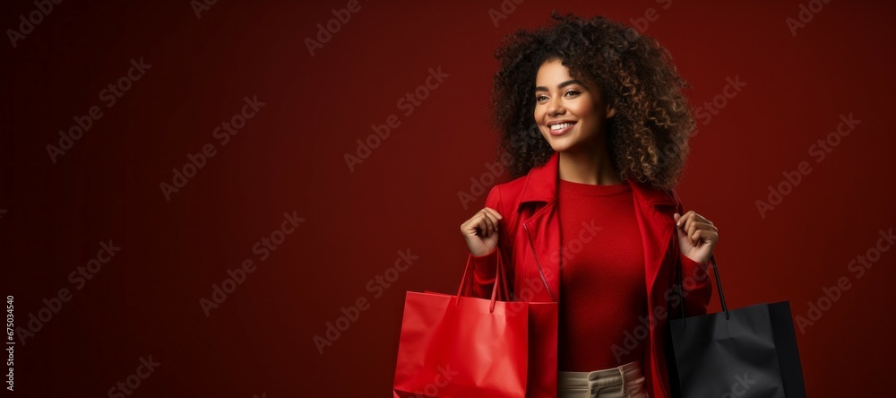 Woman with shopping. Black Friday concept. Portrait with selective focus and copy space