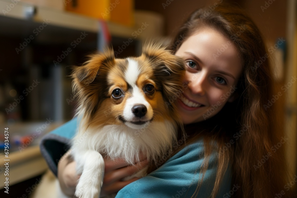 Happy dog at the veterinarian's appointment. Portrait with selective focus and copy space Happy dog at the veterinarian's appointment. Portrait with selective focus and copy space