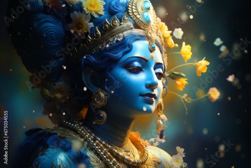 Krishna in Asian style. Religious concept with selective focus and copy space © top images