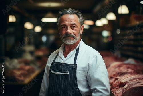 The man is a professional butcher. Profession concept. Portrait with selective focus and copy space