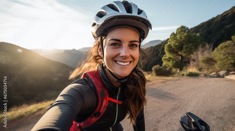 A beautiful female cyclist taking a selfie while cycling with pine trees and hills in the background. A beautiful female cyclist taking a selfie while cycling with pine trees and hills in the background.