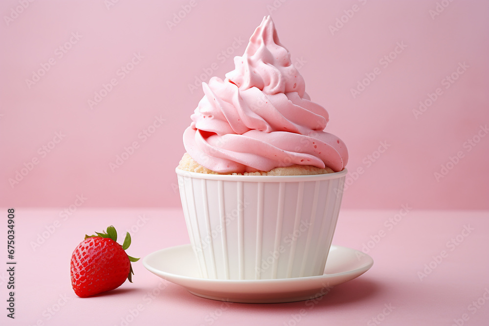 The photo shoot of a strawberry vanilla soft serve topped with cherry and pink red sprinkle ice cream waffle cones served in the cup isolated on a pink background. Generative AI. The photo shoot of a strawberry vanilla soft serve topped with cherry and pink red sprinkle ice cream waffle cones served in the cup isolated on a pink background. Generative AI.