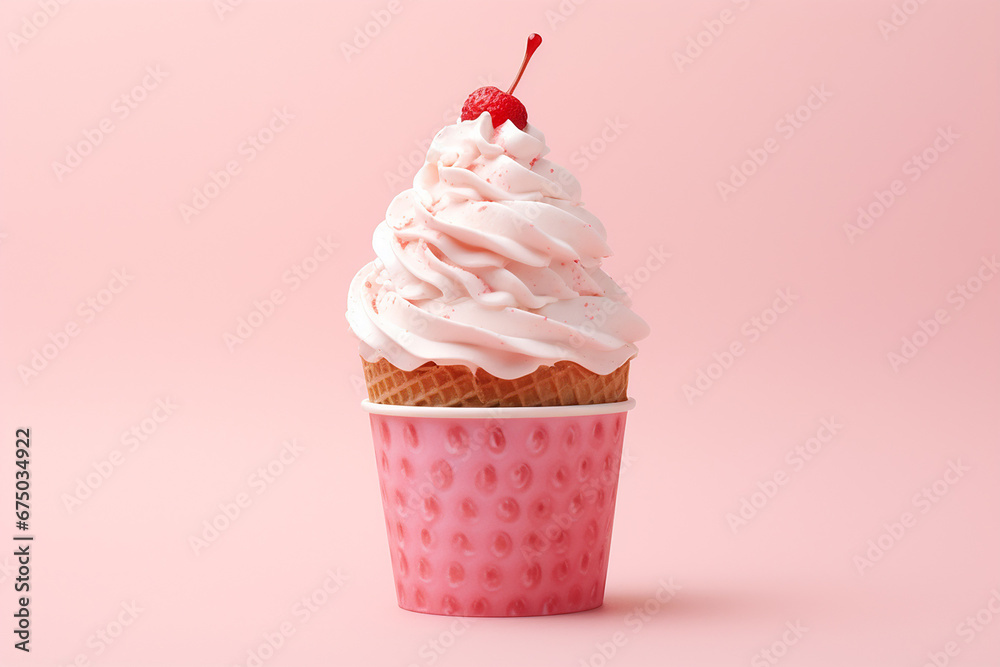 The photo shoot of a strawberry vanilla soft serve topped with cherry and pink red sprinkle ice cream waffle cones served in the cup isolated on a pink background. Generative AI.