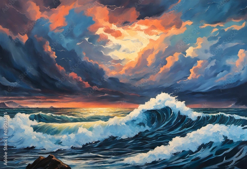 Artistic painting features an ocean and sun scene, depicted on a canvas, AI-generated. Artistic painting features an ocean and sun scene, depicted on a canvas, AI-generated.