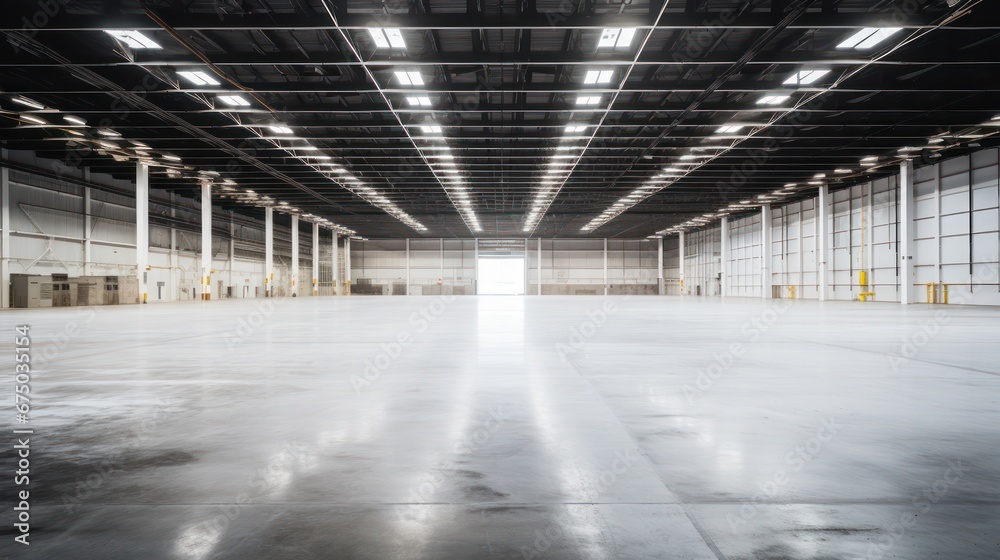 A Empty warehouse with concrete floor inside industrial building Use it as a large factory, warehouse, hangar or factory. Modern interior with steel structure with space for an industrial background. A Empty warehouse with concrete floor inside industrial building Use it as a large factory, warehouse, hangar or factory. Modern interior with steel structure with space for an industrial background.